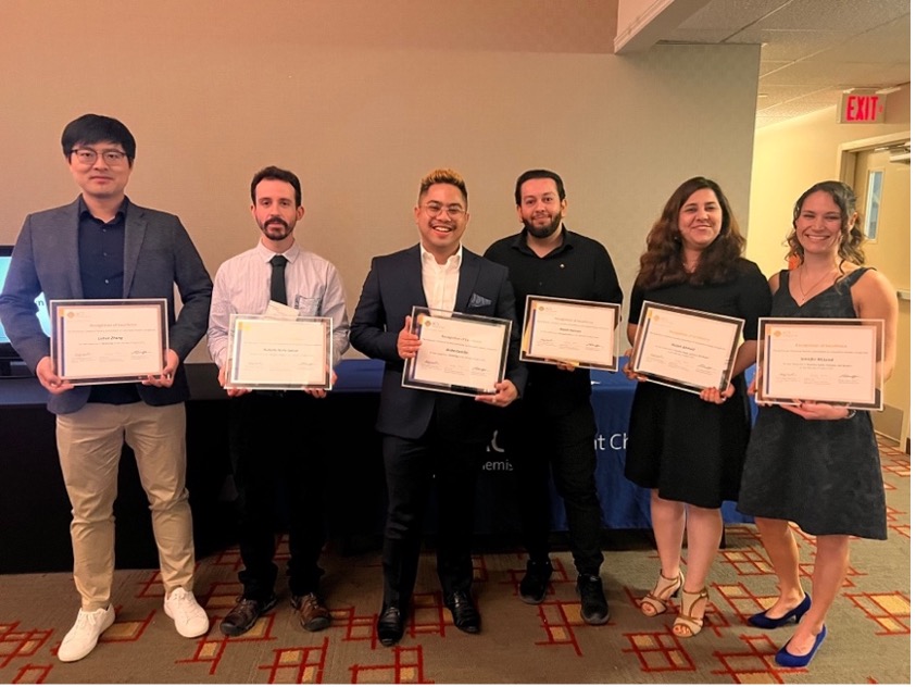 The 2022 Graduate Student and Postdoctoral Scholars Recognition Program Award Recipients. Pictured left-to-right: Dr. Lishen Zang (Mentorship), Dr. Roberto Nolla-Saltiel (Research Safety), Andre Castillo (Mentorship), Malek Hassan (Research Safety), Dr. Shideh Ahmadi (DEIR), and Jennifer McLeod (DEIR)